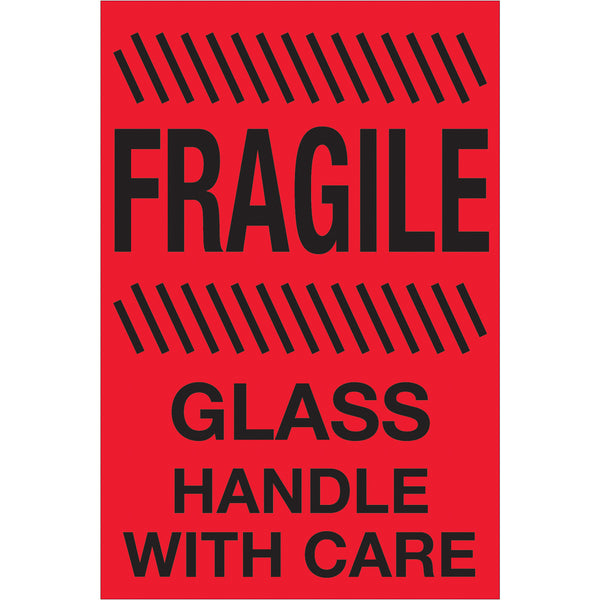 4 x 6" - "Fragile - Glass - Handle With Care" (Fluorescent Red) Labels 500/Roll