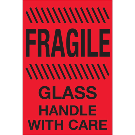 4 x 6" - "Fragile - Glass - Handle With Care" (Fluorescent Red) Labels 500/Roll