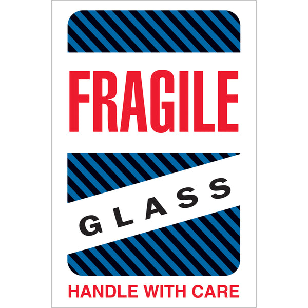 4 x 6" - "Fragile - Glass - Handle With Care" Labels 500/Roll