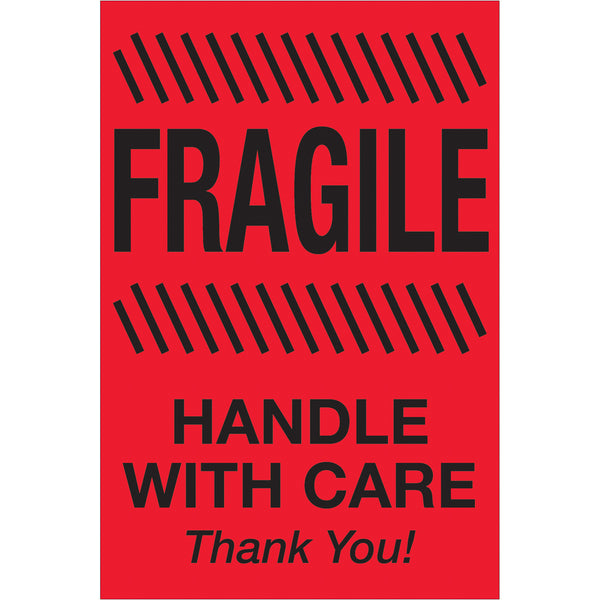 4 x 6" - "Fragile - Handle With Care" (Fluorescent Red) Labels 500/Roll