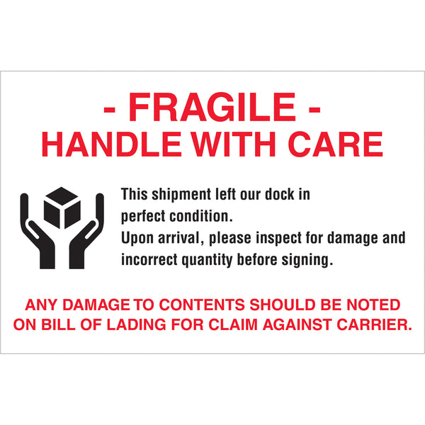4 x 6" - "Fragile - Handle With Care" Labels 500/Roll