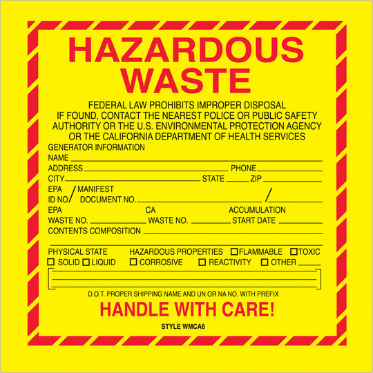 6 x 6" - "Hazardous Waste - California" Labels 500/Roll