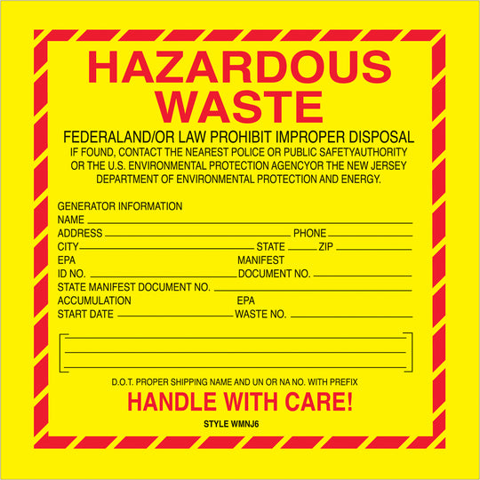 6 x 6" - "Hazardous Waste - New Jersey" Labels 500/Roll