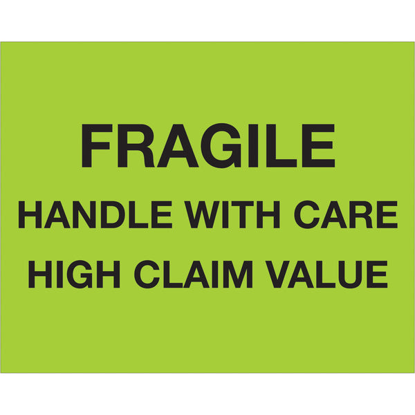 8 x 10" - "Fragile Handle With Care - High Claim Value" (Fluorescent Green) Labels 250/Roll