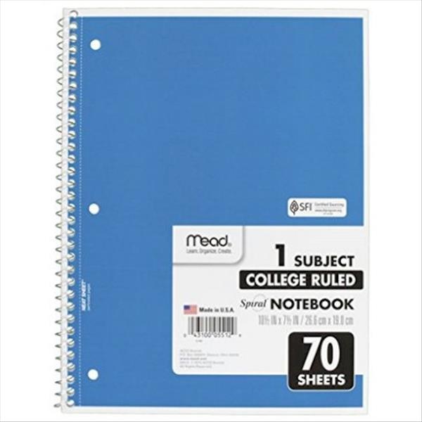 Mead 05512 Spiral Notebook 8"x10.5" College Ruled 1-Subject, 70 sheets/book