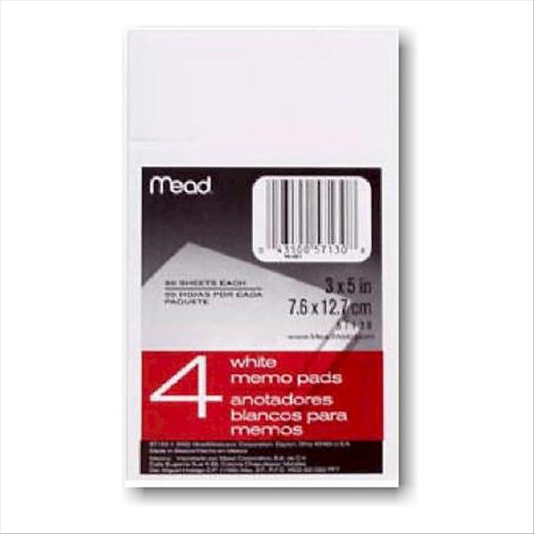 Mead 57130 White Memo Pad 3"x 5" 50 sheets/pad, 4 pads/retail pack, 12 retail packs/case