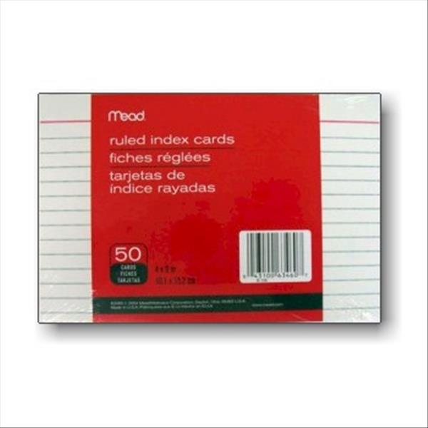 Mead 63460 Index Cards 4"x6" White Ruled, 50 cards/retail pack, 12 retail packs/case
