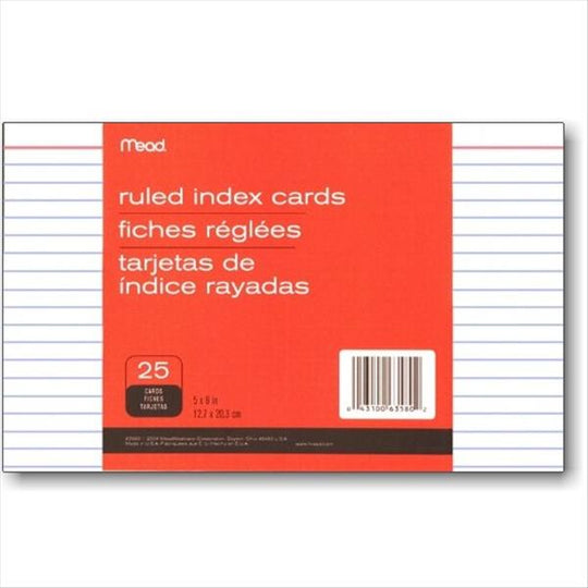 Mead 63580 Index Cards 5"x8" White Ruled, 25 cards/retail pack, 12 retail packs/case