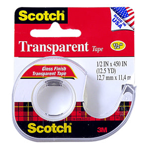 3M Scotch Transparent Tape (Shiny Finish) 1/2"x450" w/Dispenser, 12 rolls/box