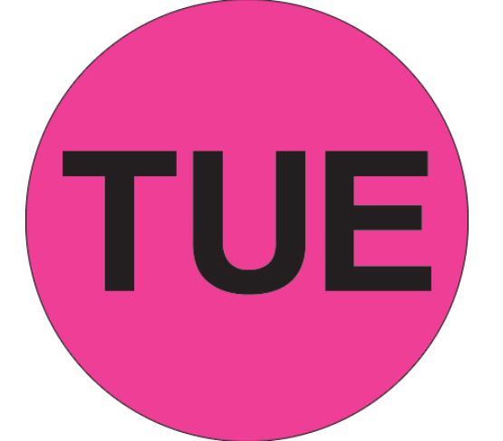 1" Circle - "TUE" (Fluorescent Pink) Days of the Week Labels 500/Roll
